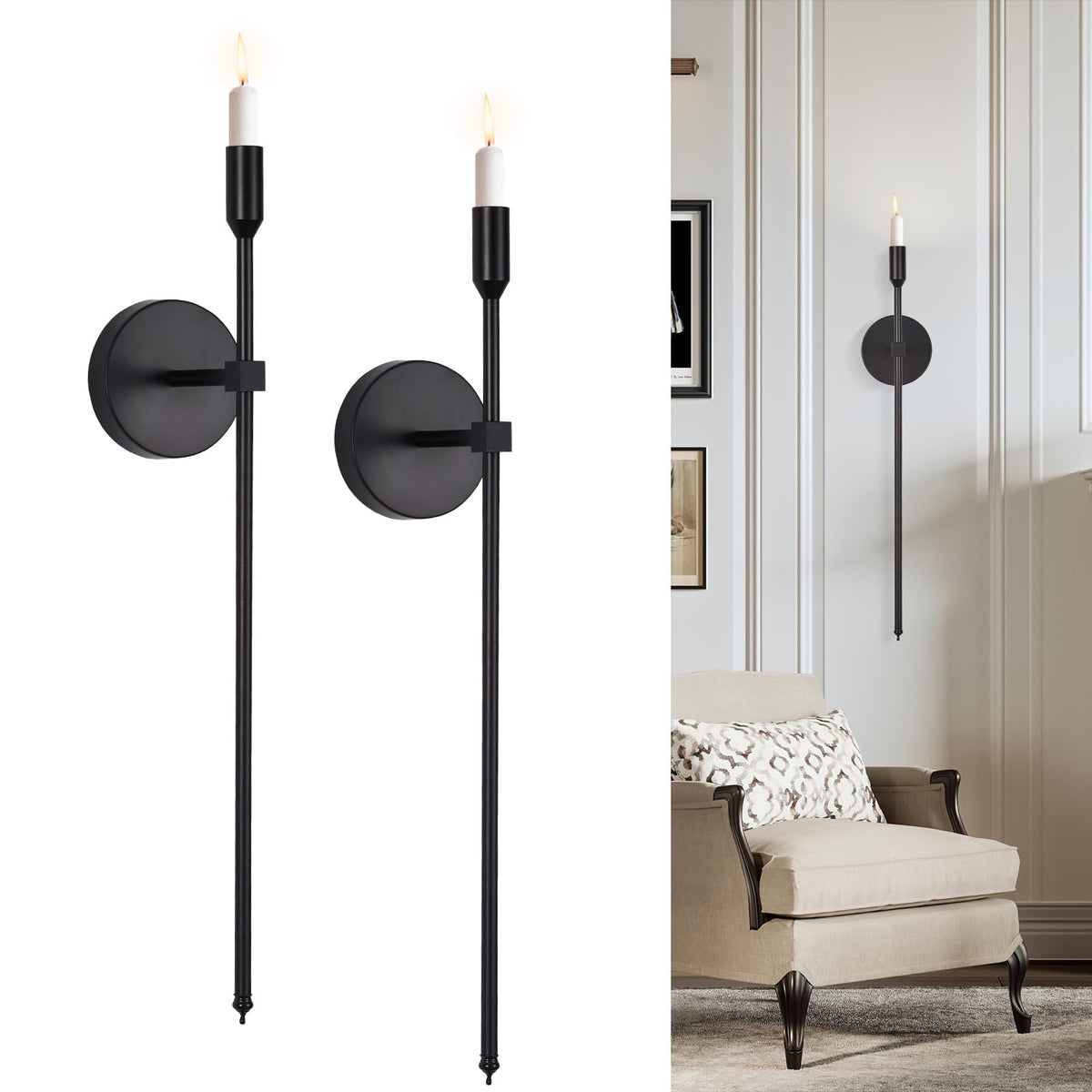 Long Black Wall Candle Sconces (Set of 2)