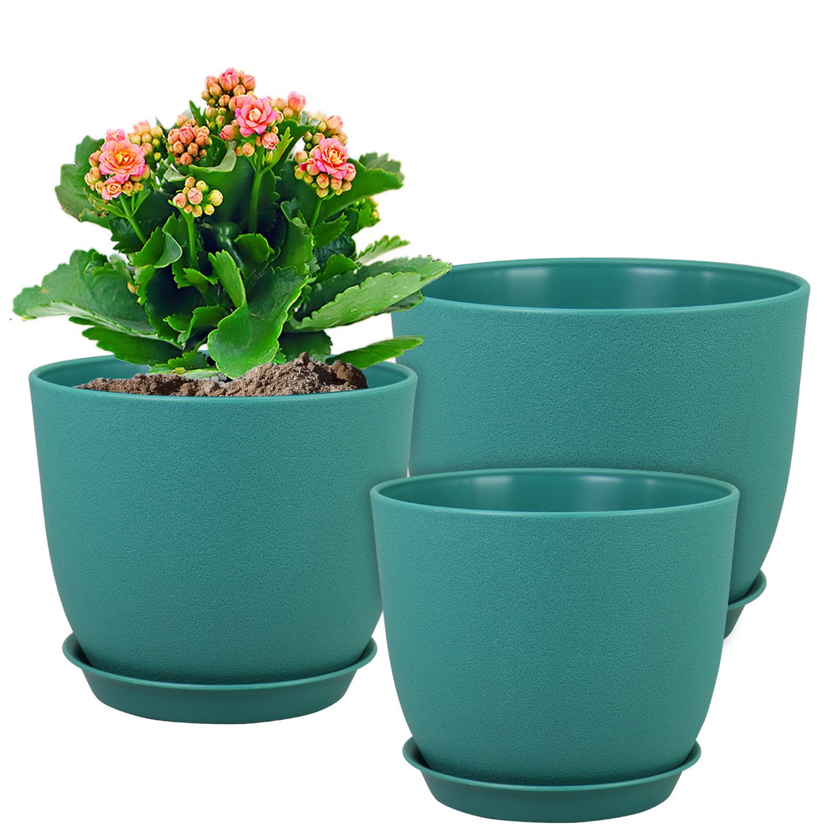 Blue-Green Planters with Tray (Set of 3)
