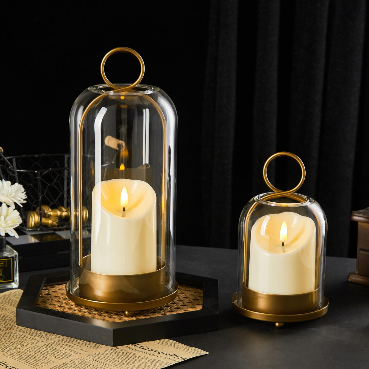 Brass Hurricane Candle Holders (Set of 2)