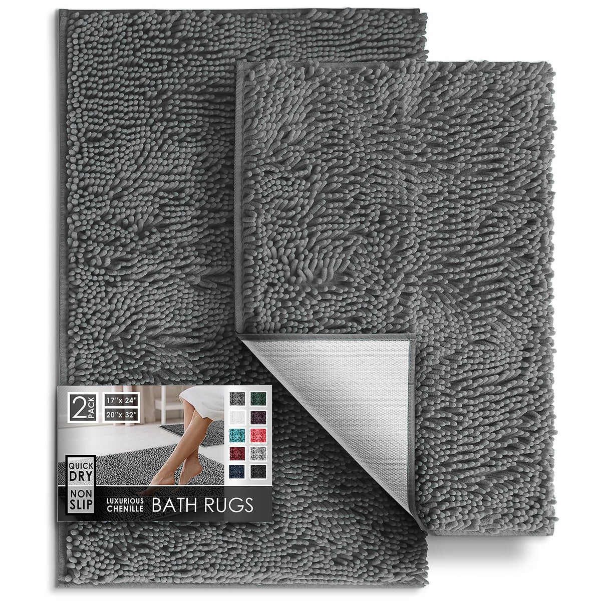Grey Chenille Bath Rugs (Set of 2)