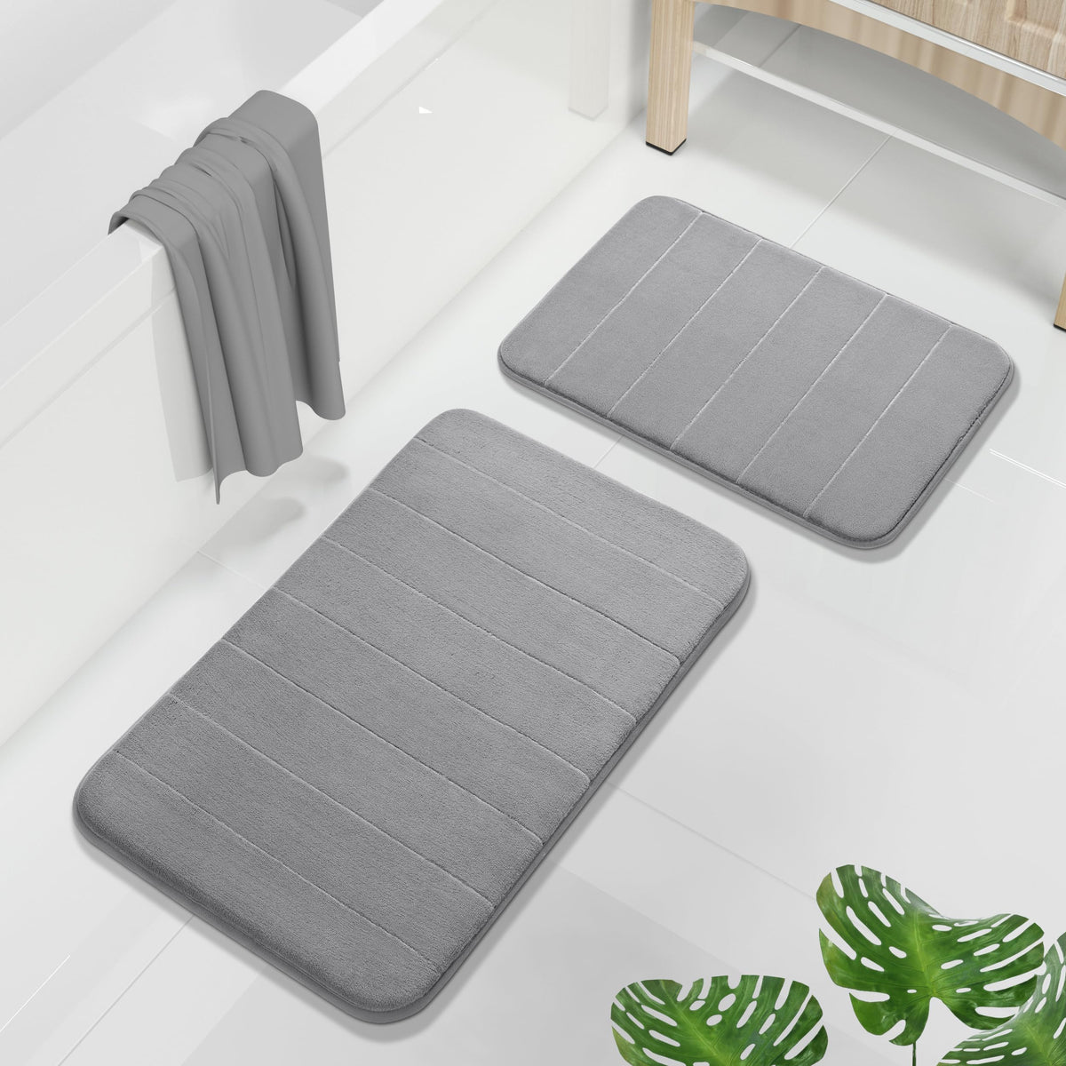 Grey Memory Foam Bath Rug (Set of 2)