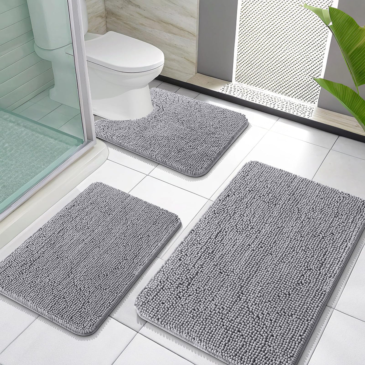 Grey Chenille Bath Mat (Set of 3)