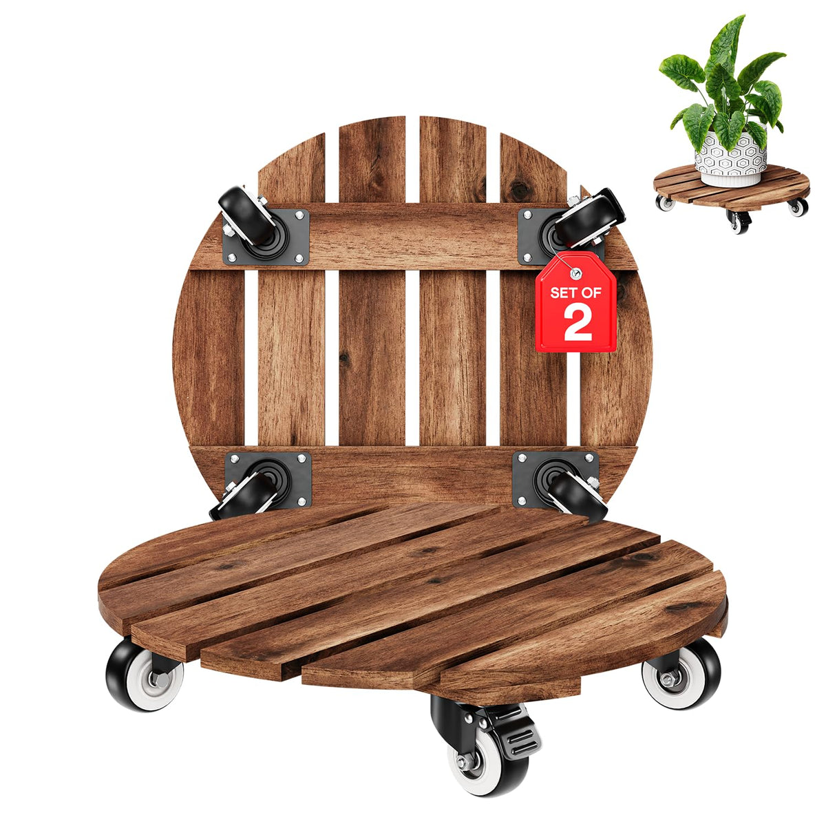 Wood Rolling Plant Caddy (Set of 2)