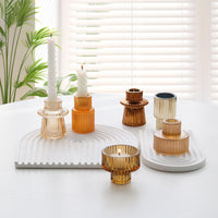 Gold Ribbed Glass Candlesticks (Set of 6)