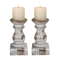 Washed White Wood Candle Holders (Set of 2)