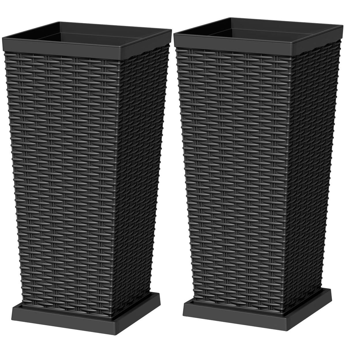 Black Planters with Saucers (Set of 2)