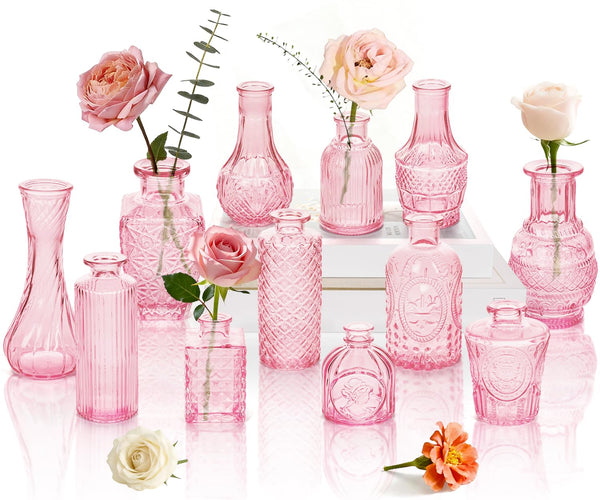 Pink Glass Bud Vases (Set of 12)