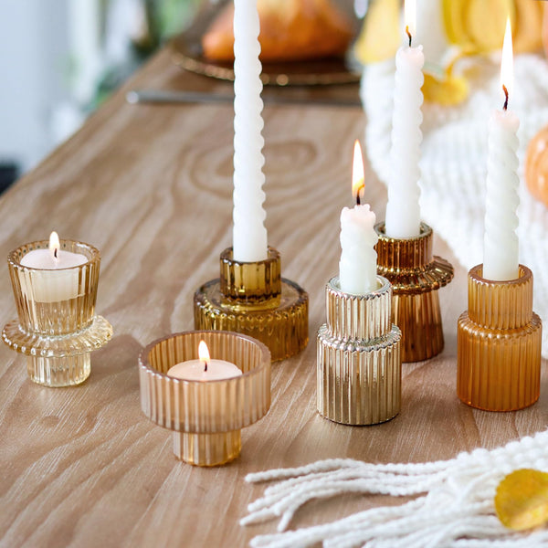 Gold Ribbed Glass Candlesticks (Set of 6)