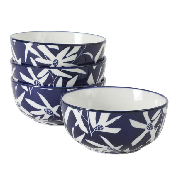 Blue Floral Stoneware Bowls (Set of 4)