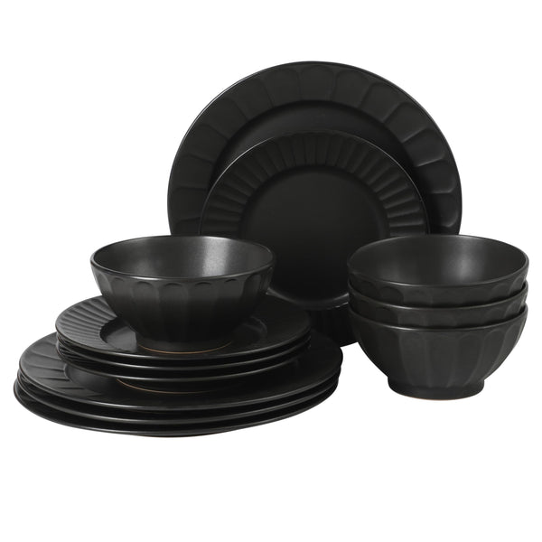 Black Embossed Stoneware Set (Set of 12)