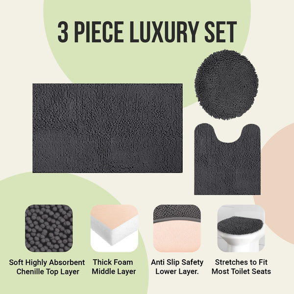 Charcoal Chenille Bath Mat (Set of 3)