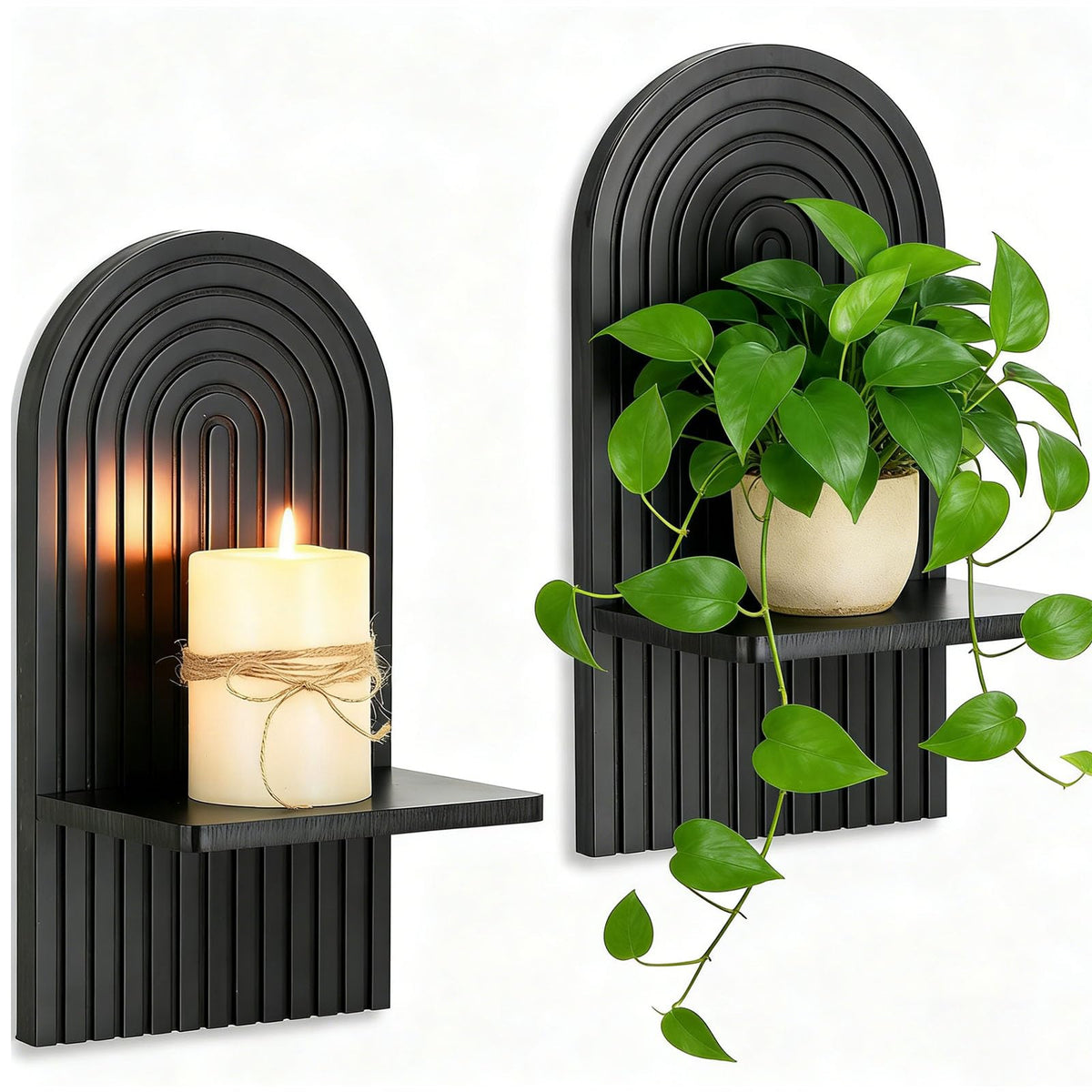 Black Wood Arch Candle Sconces (Set of 2)