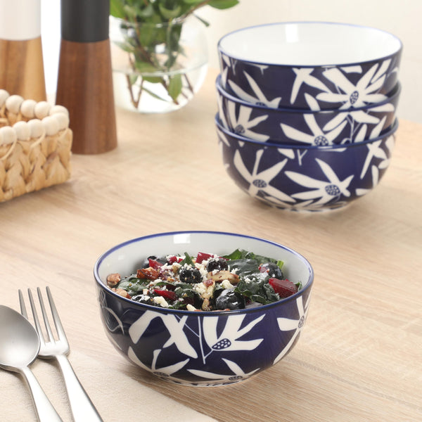 Blue Floral Stoneware Bowls (Set of 4)