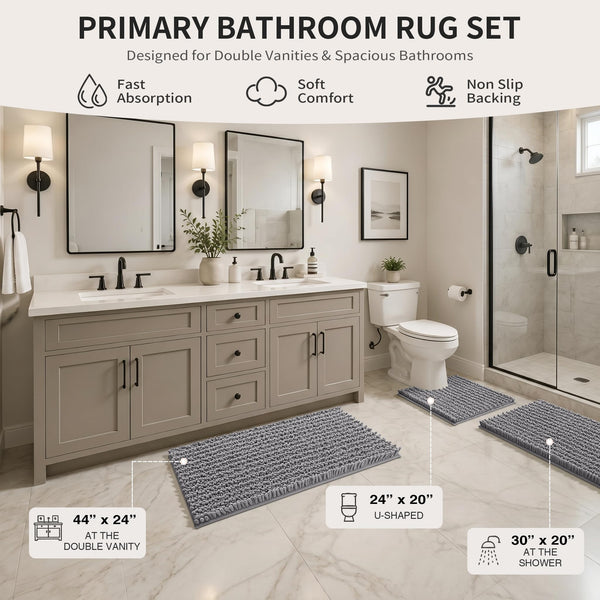 Grey Chenille Bath Rug (Set of 3)