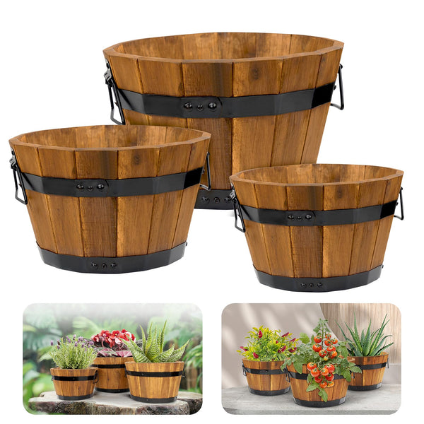 Light Brown Wood Barrel Planters (Set of 3)