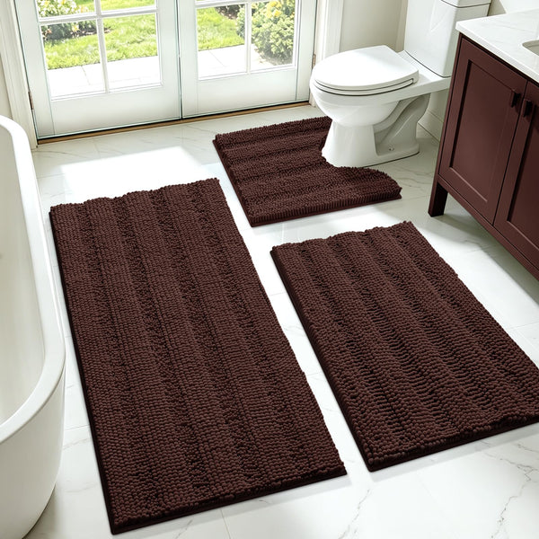 Brown Striped Chenille Bath Mat (Set of 3)