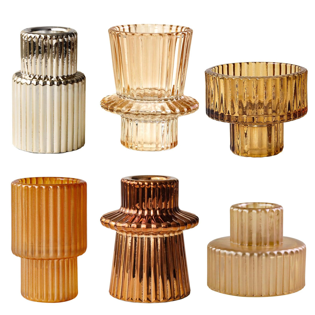 Gold Ribbed Glass Candlesticks (Set of 6)