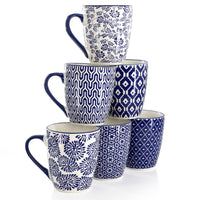 Blue & White Stoneware Mugs (Set of 6)