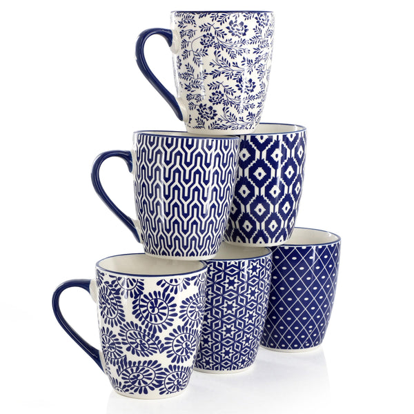 Blue & White Stoneware Mugs (Set of 6)