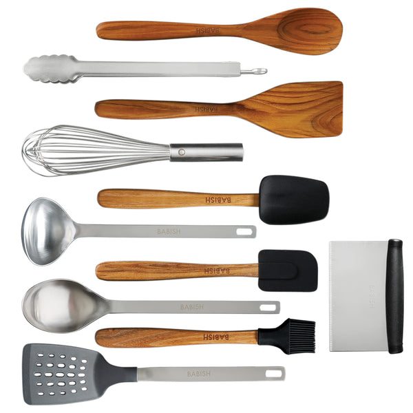 Teak & Steel Utensils (Set of 11)