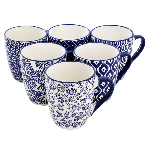 Blue & White Stoneware Mugs (Set of 6)