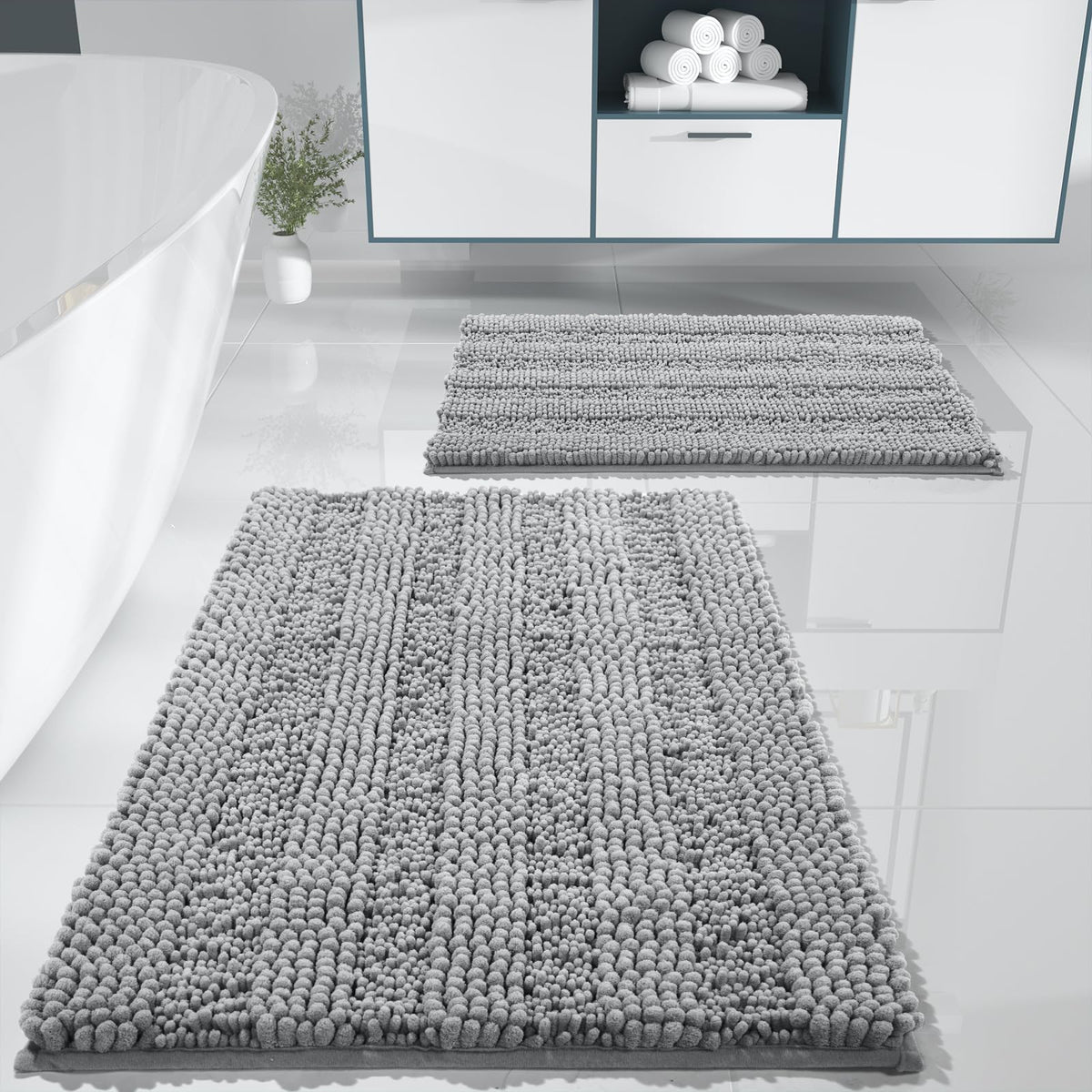 Plush Grey Chenille Bath Mat (Set of 2)