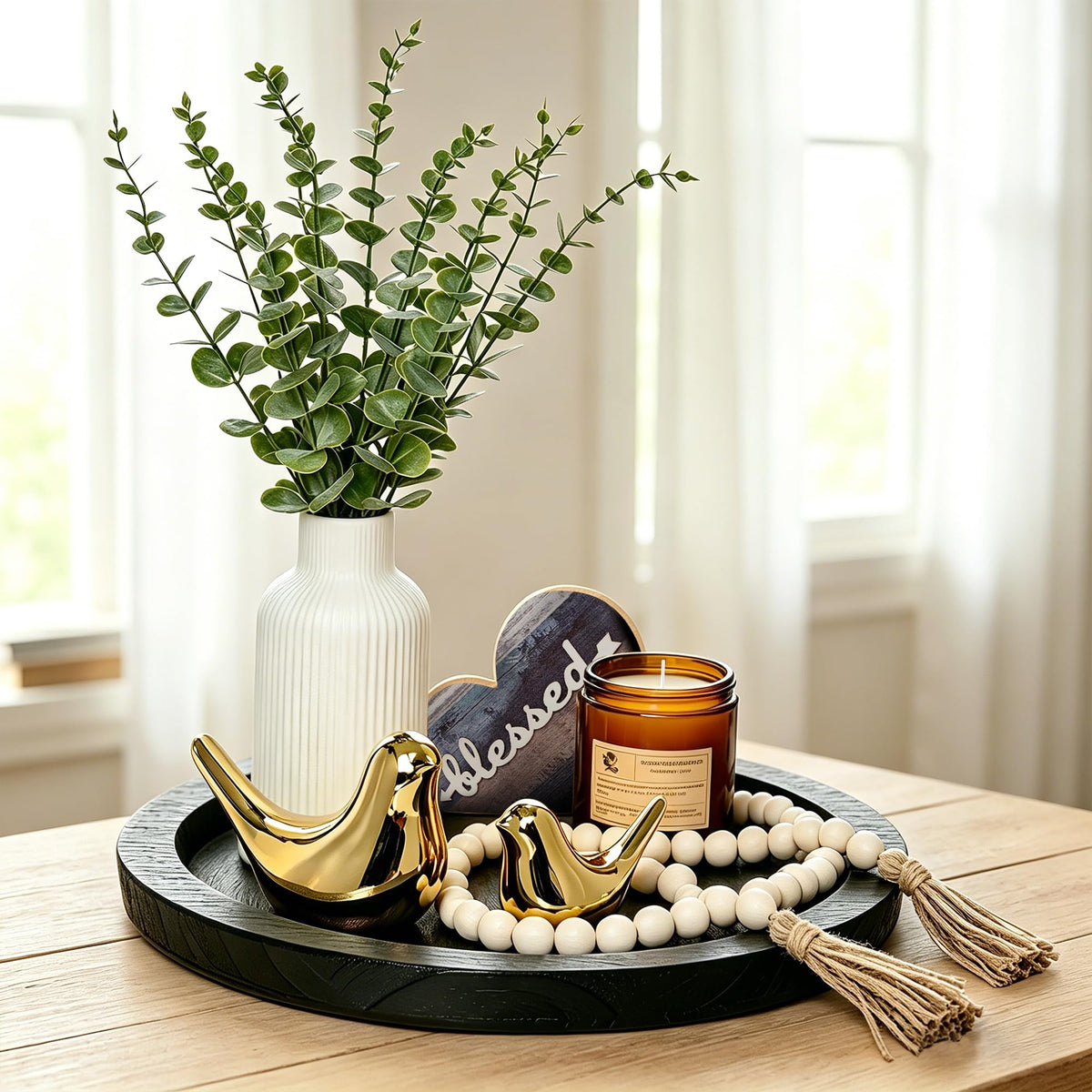 Black Round Wood Tray (Set of 7)