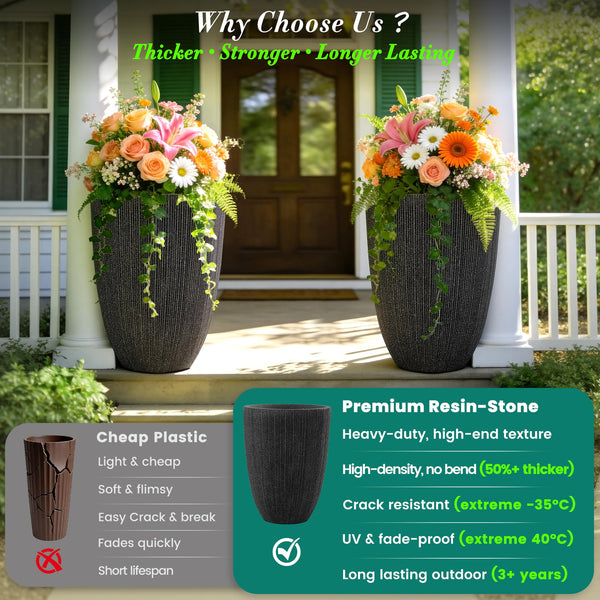 Black Fluted Tall Planters (Set of 2)