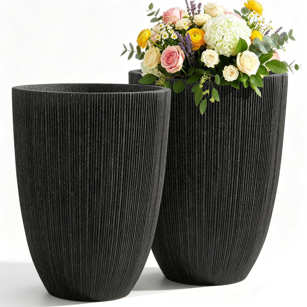 Black Fluted Tall Planters (Set of 2)