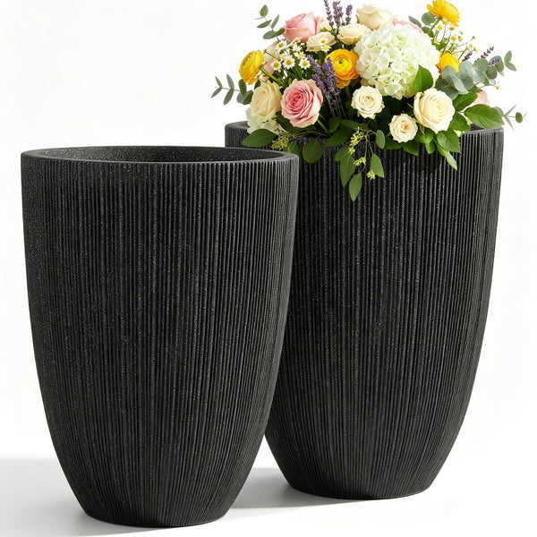 Black Fluted Tall Planters (Set of 2)