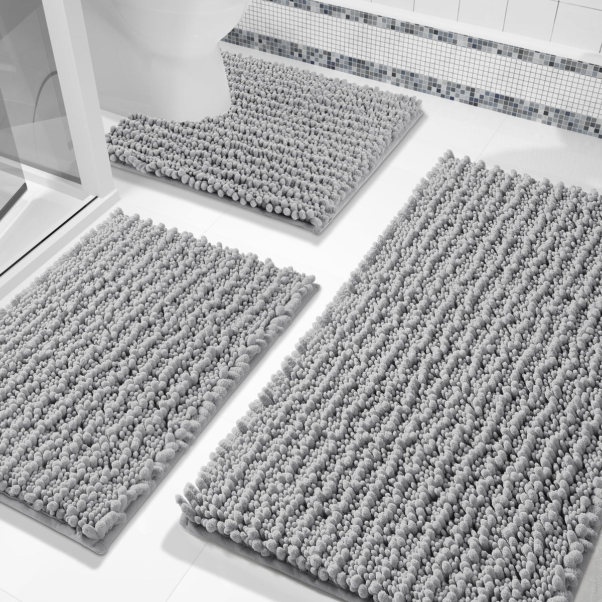 Grey Chenille Bath Rug (Set of 3)
