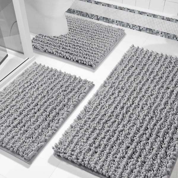 Grey Chenille Bath Rug (Set of 3)