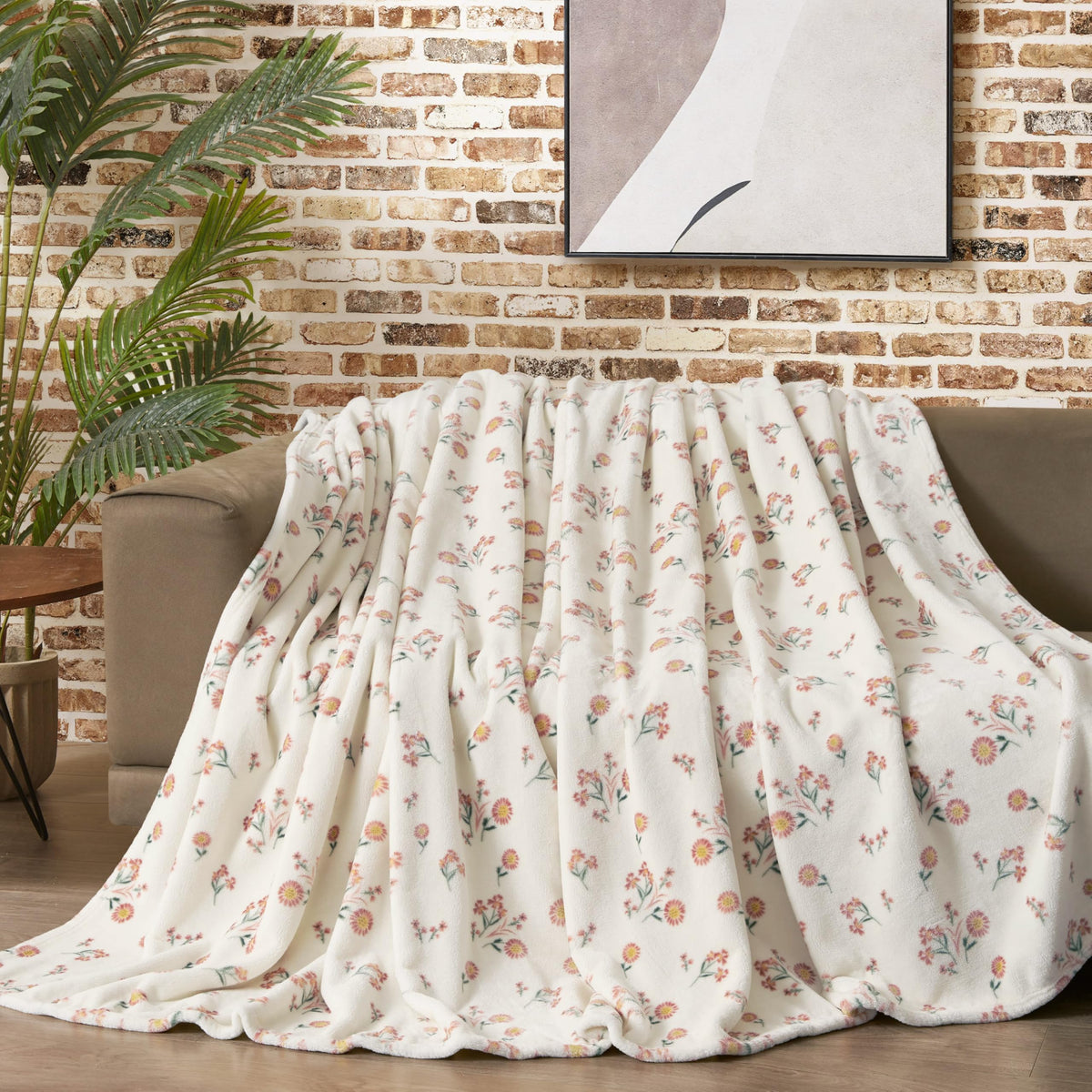 Ivory Floral Plush Blanket